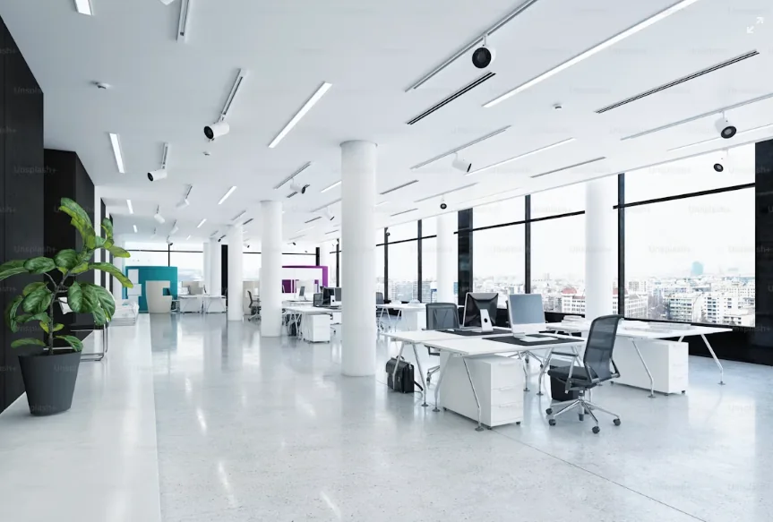 Bright modern open office for intelligent workplace automation
